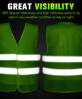 Two high visibility reflective safety vests for men and women with 360-degree neon visibility on display, front and back view.