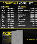Cabin air filter with activated carbon for Honda/Acura; rectangular gray pleated filter shown with its box (8.86×9.21×1.18 in)