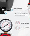 Oil Free Airbrush Compressor AS186 With 3L Tank Regulator, moisture trap, suction pad, and pressure gauge close-up