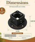 Heavy Duty 2X2 Square Post Floor Mount Brackets 4 Pack Black Coated Steel Deck Railing Bases dimensions with screw package.