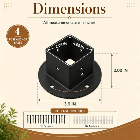 Heavy Duty 2X2 Square Post Floor Mount Brackets 4 Pack Black Coated Steel Deck Railing Bases dimensions with screw package.
