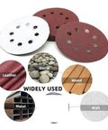 Check Out These 100 Pack 5 Inch Random Orbital Sanding Discs With Hook And Loop Backing showing various surfaces like wood and metal.