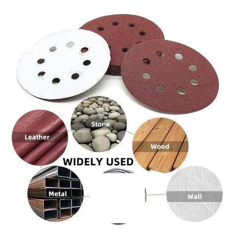 Check Out These 100 Pack 5 Inch Random Orbital Sanding Discs With Hook And Loop Backing showing various surfaces like wood and metal.