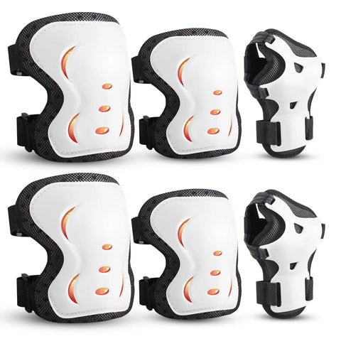 Six Pack Pro Grade Protective Gear Set With Knee Pads Elbow Pads And Wrist Guards for outdoor sports in white and black