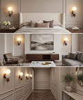 Modern Travertine Wall Sconce with Glass Globe, Wood Accent Wall Light Fixture, Hardwired G9 Base Wall Lamp for Bedroom, Living Room and Hallway in elegant interior.