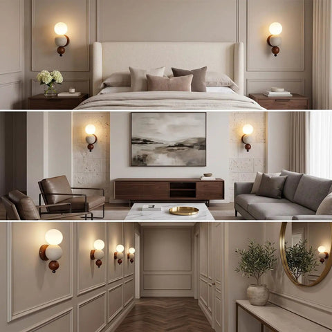 Modern Travertine Wall Sconce with Glass Globe, Wood Accent Wall Light Fixture, Hardwired G9 Base Wall Lamp for Bedroom, Living Room and Hallway in elegant interior.