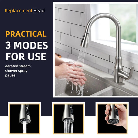 Kitchen Faucet Head Replacement With G 1/2 Inch Male Thread Connector And 13/16 Inch Outer Diameter Sprayer Attachment Featuring Stream Spray And Pause Mode Brushed Nickel Finish NSF Certified 61 And 372 No Sweat Install