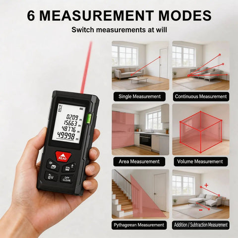 Laser Distance Meter 50m/164ft, Digital Laser Measuring Tool showcasing 6 measurement modes and clear display for home DIY.