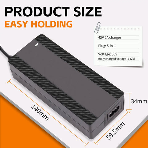 5 In 1 Electric Scooter Charger For 36V Li-Ion Batteries, 42V 2A Universal Fast Charger with dimensions 140x59.5x34mm