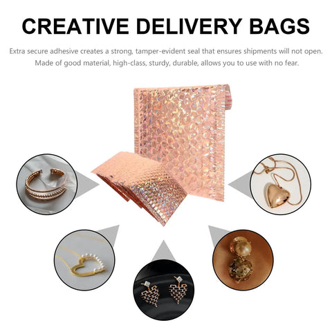 Air Cushion Bubble Mailers Self Adhesive 15x13cm Pack Of 20 Clothing Shipping Envelopes shown in rose gold color with jewelry inside.