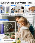 Child using kitchen faucet with Countertop Water Filter System With Carbon Block Cartridge, See Through Housing For Easy Filter Checks.