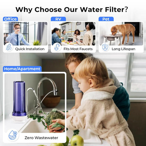 Child using kitchen faucet with Countertop Water Filter System With Carbon Block Cartridge, See Through Housing For Easy Filter Checks.