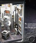 Space Capsule Book Nook Kit With LED Light, DIY Dollhouse Miniature Shelf Insert showing astronaut and space simulation details