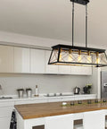 Five Light Farmhouse Rectangular Pendant Chandelier For Dining Room And Kitchen Island, Black Rustic Metal Frame, 31.5 Inch Long