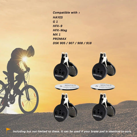 4 Pair Disc Brake Pads For Avid Sram Bb5 Bb7 Mechanical Mtb Road Bike Brick Stopping Power Resin Kevlar Metal Blend Built Damn Tough For Trail Shredding And Daily Cruising Top Notch Grip against sunset background with mountain biker.