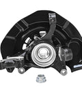 Front view of black steering knuckle and wheel hub assembly for 2007-2011 Toyota Camry and 2007-2012 Lexus ES350 replacement