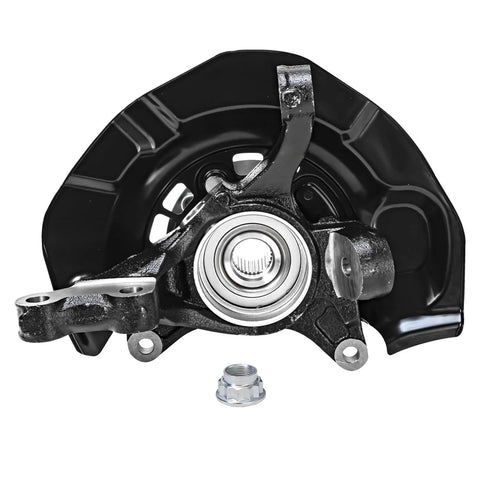 Front view of black steering knuckle and wheel hub assembly for 2007-2011 Toyota Camry and 2007-2012 Lexus ES350 replacement