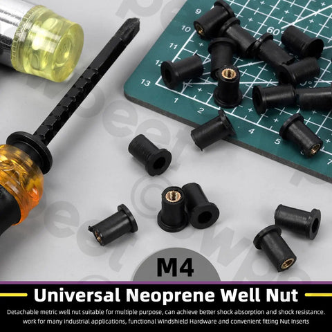 Close-up of 20Pcs M4 Black Rubber Well Nuts Kit for Fairings and Windshields with tools and mat