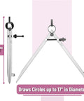 Professional All Metal Drafting Compass With Lockable Slider And Pencil Holder Slick Divider Tool Built Rock Solid For Carpentry And Leather Work Dead On Accuracy Every Single Time Up To Seventeen Inches Wide, 10-inch height