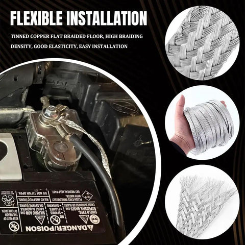 Flexible installation with tinned copper flat braided ground straps for reliable connectivity in automotive setups.