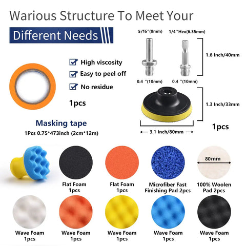 Components of 120 Pack 3 Inch Polishing Pad Set For Drill Sanding Attachment with shanks, foam pads, and masking tape.