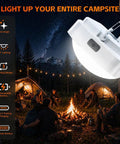Magnetic Tent Light With 2000mAh Battery, LED Camping Lantern illuminating a campsite at night with tents and a campfire
