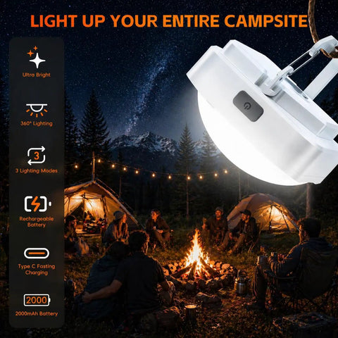 Magnetic Tent Light With 2000mAh Battery, LED Camping Lantern illuminating a campsite at night with tents and a campfire