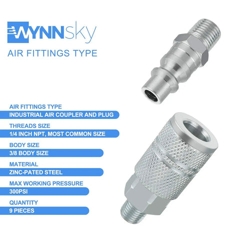 Heavy Duty 3 By 8 Inch High Flow Air Coupler And Plug Kit With 1 By 4 Inch NPT Threads, Steel 9 Piece Air Compressor Hose Fittings