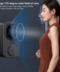Smart Video Doorbell With 4.3 Inch Display, Bluetooth Doorbell Camera, shown in use with person, highlights 170 degree view.