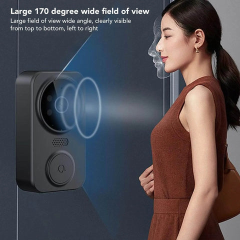 Smart Video Doorbell With 4.3 Inch Display, Bluetooth Doorbell Camera, shown in use with person, highlights 170 degree view.
