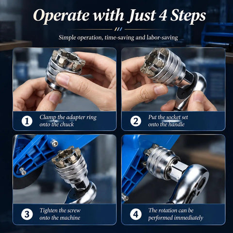 Heavy Duty Adjustable Universal Socket Wrench 3/8 Inch Drive Fits 10 To 19 Mm Fasteners in four-step operation guide.