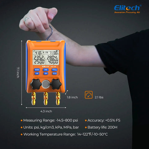 Wireless HVAC Manifold With Data Logging, Affordable Pro Tool For Pressure Hold Tests And Vacuum Leak Detection, Real Time Readouts, Easy To Use, Built For Professional Techs 7.1 inch orange unit