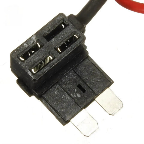 Upgrade Your Gear With This Super Cool Fuse Tap Adapter That Turns One Spot Into Two For Adding Extra Electronics Like Phone Cradles Or Alarms Without Any Messy Splicing Wires Needed For Micro Mini And Standard Blade Fuses Up To 10 Amps Perfect For, black plastic inline blade fuse tap adapter with two metal prongs