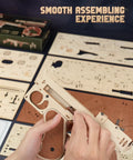3D Wooden Tommy Gun Puzzle Kit For Adults Build Your Own Rubber Band Model Toy Dope Wood Craft Hobby For Men Realistic Gun Replica Puzzle Great Gift Idea For Christmas, wooden parts being assembled