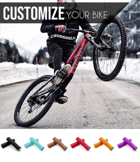 Cyclist performing a wheelie with Lock-On MTB Grips For Mountain Bike BMX And E-Bike, visible in various colors.
