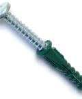 Close-up of a ribbed plastic wall anchor with screw, part of Ribbed Plastic Wall Anchor Kit With Bit, Sizes #12, #14, #16, One And A Half Inch Length, 10-Piece Set For Drywall And Light Duty Projects, Durable Plastic Anchors Ideal For Home Improvement, Garage, DIY Repairs kit.