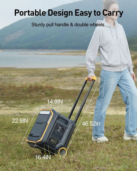 Heavy Hitter Portable Power Station With 400W Solar Panel being pulled on wheels in outdoor setting, showcasing portable design and handle.