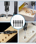 5Pc Countersink And Counterbore Drill Bit Set For 5 To 12 Screws, M2 Pilot Bits, One Quarter Inch Hex Shank, 82 Degree Chamfer, Pro Grade Tools