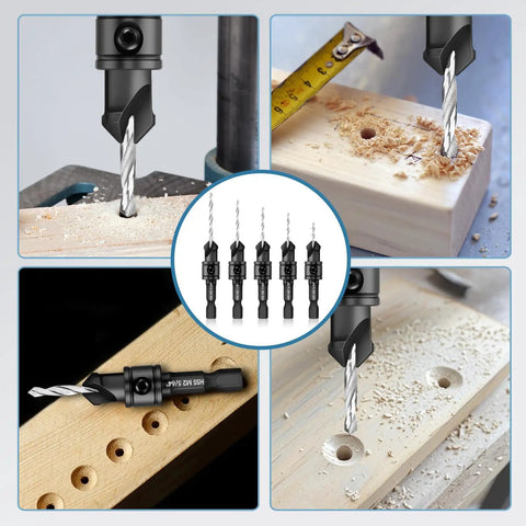 5Pc Countersink And Counterbore Drill Bit Set For 5 To 12 Screws, M2 Pilot Bits, One Quarter Inch Hex Shank, 82 Degree Chamfer, Pro Grade Tools