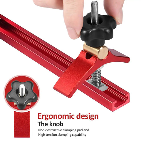 Close-up of aluminum red T Track Hold Down Clamps Kit 2.68 Inch Long for CNC Machines with ergonomic knob design.