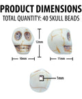Image showing 40 Pack 12mm White Skull Beads For Jewelry Making Howlite Skeleton Beads dimensions with front, side, and drilled hole view.