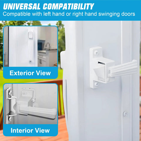 Durable Screen Door Latch Replacement Kit Compatible With Prime-Line K5148 visible in exterior and interior views.
