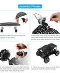 Assembly process for 68mm Mecanum Wheel 4WD Robot Car Chassis with omnidirectional wheels, aluminum alloy frame, TT motors visible.