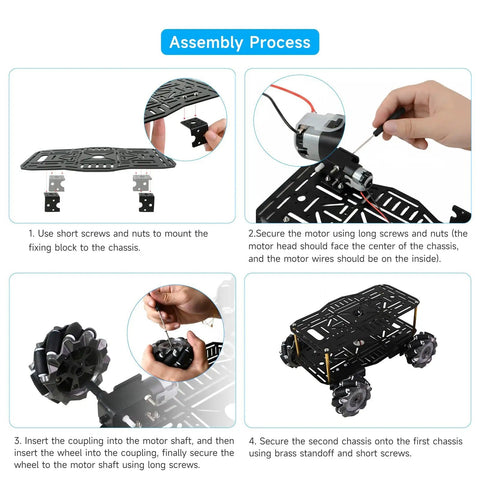 Assembly process for 68mm Mecanum Wheel 4WD Robot Car Chassis with omnidirectional wheels, aluminum alloy frame, TT motors visible.