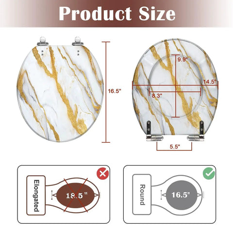 Round Resin Toilet Seat for Bathroom with marble design, measuring 16.5 inches length and 14.5 inches width.
