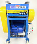 Model 930 Motorized Wire Stripper with blue frame and yellow housing, featuring dual rollers and 11 cutting channels for copper cable reuse