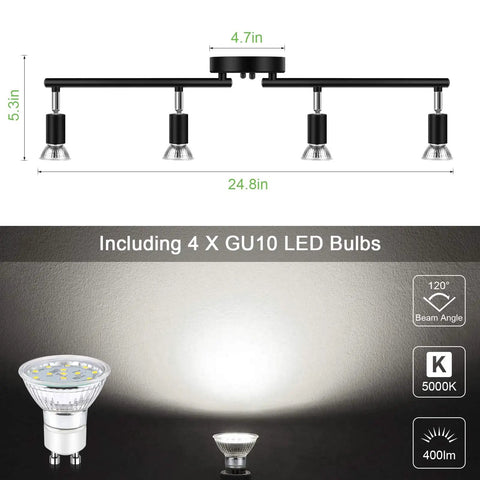 LED Track Lighting Kit 24.8 Inch Black Four Light Ceiling Spotlight With Flexible Rotatable Heads Includes Four GU10 LED Bulbs 4W Daylight White 5000K 400LM Dope Look For Any Room, featuring dimensions and bulb details.