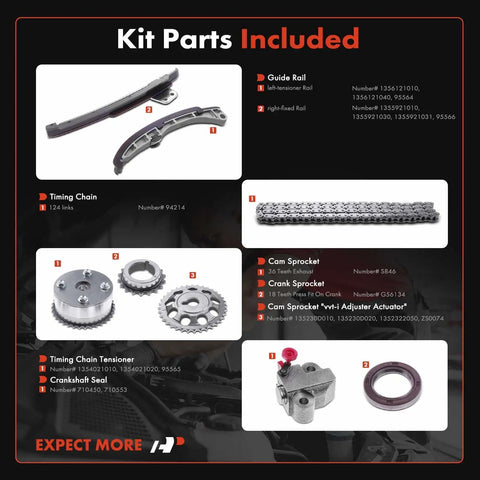 8 Piece Engine Timing Chain Kit With Sprocket And More For DOHC 1.5L 4 Cylinder Engines Fits Scion xA xB 2004 2006 Toyota Echo Prius 2004 2009 Yaris 2006 2015 Replacement parts layout