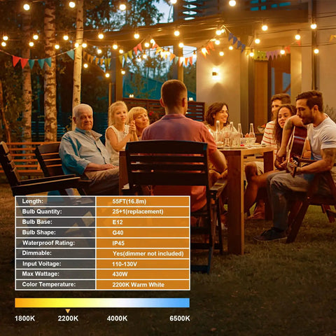 Outdoor String Lights 55 Ft Shatterproof LED Patio Lights with 26 Dimmable G40 Bulbs 2200K Waterproof IP65 Connectable in use