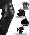 Protective Knee Pads For Motorcycle And Mountain Biking Adjustable Long Leg Sleeve Shin Guards Crashproof Nonslip Gear With PE Shields And EVA Padding Lightweight Breathable Comfort One Pair showing adjustable elastic straps with PE shields.